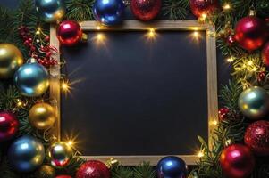 Festive Christmas Ornament Frame with Lights and Blank Blackboard Space photo