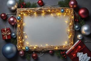 Christmas Frame with Lights Ornament and Gift Box on Gray Background photo