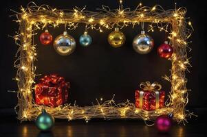 Festive Christmas Gifts and Ornament Frame with Sparkling Lights photo