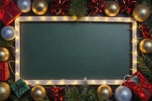Festive Christmas Frame with Ornaments Gifts and Lights for Holiday Message photo