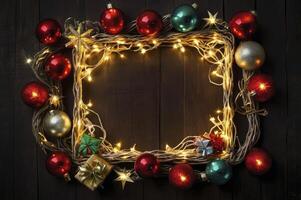 Creating Christmas Frame with Lights Ornaments and Gift Boxes on Wood photo