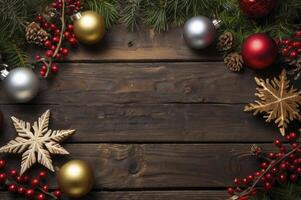 Festive Christmas Ornament Decoration on Rustic Wooden Table Background photo