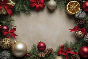 Festive Christmas Ornament Frame with Red Bows and Pine Branches photo