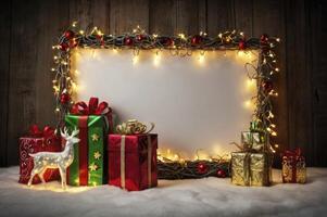 Christmas Gifts and Decoration with Blank Sign for Holiday Message photo
