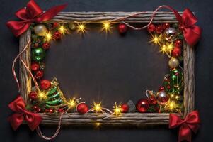 Christmas Decoration Frame with Red Bows and Lights for Festive Wishes photo