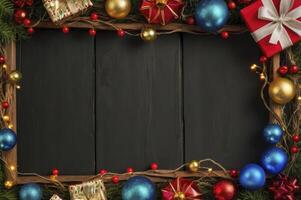 Festive Christmas Ornaments and Gifts Framing Dark Wood Surface Copy Space photo