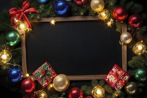 Festive Christmas Decoration with Garland Lights and Copy Space on Blackboard photo