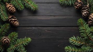 Christmas Fir Branch and Pine Cone Arrangement on Dark Wood Table photo