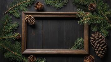 Wooden Frame on Dark Wood Surrounded by Pine Branches and Cones photo