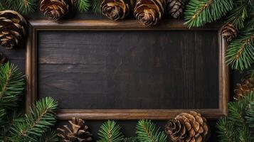 Christmas Frame with Pine Cones and Evergreen Branches on Wood photo