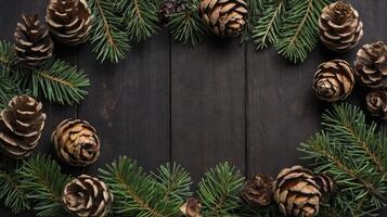 Pine Cones and Fir Branches Arranged on a Dark Wooden Background photo