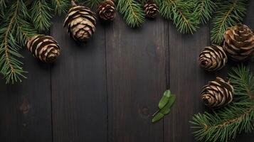 Arrangement of Pine Cones and Fir Branches on Dark Wooden Background photo