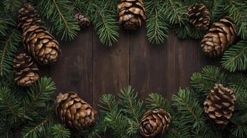 Pine Cones and Evergreen Branches Framing Dark Wooden Background for Winter photo