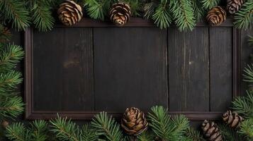 Framed Christmas Fir Branches and Pine Cones on Dark Wood photo