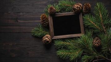 Blank Frame Surrounded by Pine Branches and Cones on Wood Surface photo
