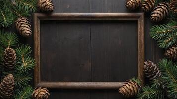 Rustic Wooden Frame with Pine Cones and Evergreen Branches Holiday Decoration photo