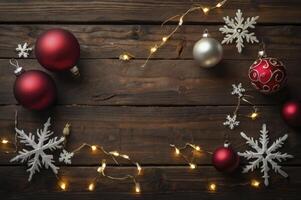Christmas Ornaments and Snowflakes on Rustic Wooden Table with String Lights photo