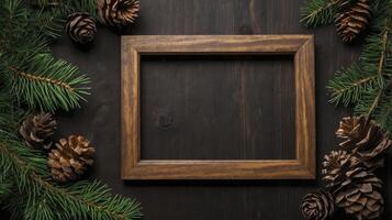 Christmas Frame with Pine Cones and Evergreen on Dark Wood Table photo