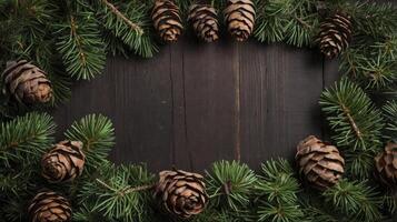 Arrangement of Evergreen Branches and Pine Cones on Dark Wood Surface photo