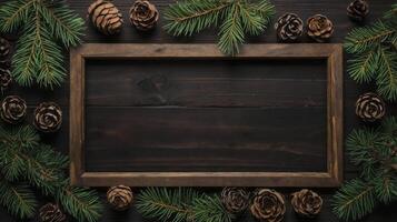 Wooden Frame with Evergreen Branches and Pine Cones on Dark Wood photo