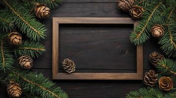 Christmas Frame with Fir Branches and Pine Cones on Wooden Table photo