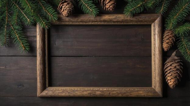 Wooden Frame with Fir Tree Branches and Cones on Dark Wood photo
