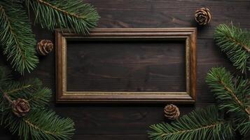 Wooden Frame with Pine Branches and Cones on Dark Wood Surface photo