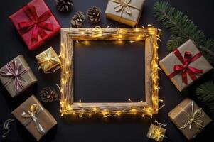 Festive Frame with Christmas Gifts Pinecones and Lights on Dark Background photo