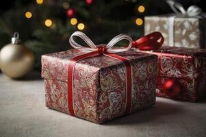 Festive Wrapped Christmas Presents with Ornaments and Holiday Tree Background photo