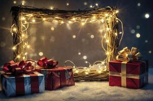 Wrapped Christmas Presents with Twinkling Lights Festive Holiday Frame photo