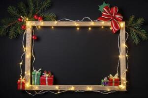 Festive Christmas Frame with Lights, Gifts, and Ornaments on Black Background photo