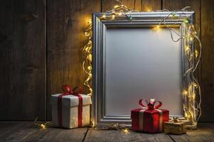 Holiday Gifts and Picture Frame with Decorative Lights on Wood photo