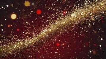 Glittering Gold Confetti Stream on Dark Red Background for Celebration photo
