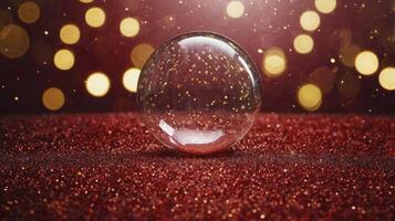 Crystal Ball Resting on Glitter Surface with Bokeh Lights Background photo