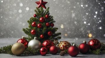 Decorating Christmas Tree with Ornaments and Star for Festive Celebration photo