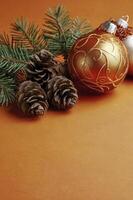 Arrangement of Christmas Ornaments Pine Cones and Branch Festive Still Life photo
