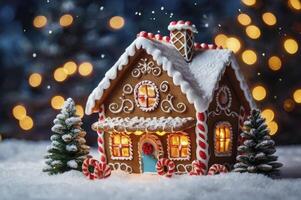 Festive Gingerbread House in Snowy Setting with Christmas Lights Background photo