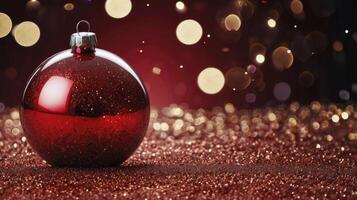 Sparkling Red Christmas Ornament on Glittering Surface with Bokeh Lights photo