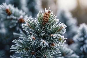 Frosty Pine Branch with Pinecone on Winter Morning Macro Shot photo