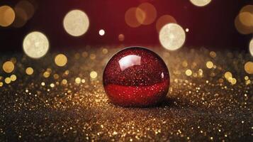 Red Christmas Ornament on Glittering Gold Surface with Bokeh Lights photo