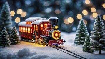 Christmas Toy Train in Snowy Winter Wonderland with Holiday Lights photo