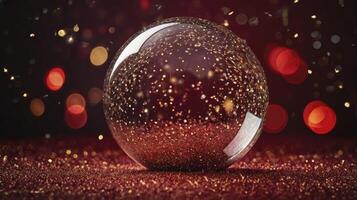 Holding Festive Sphere with Gold Glitter and Bokeh Lights Background photo