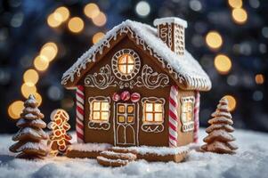 Festive Gingerbread House with Snow and Christmas Tree Decoration at Night photo
