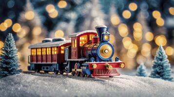 Toy Train Steam Engine Traveling Through Winter Wonderland Christmas Decoration photo