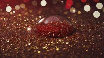 Captivating Red Glitter Water Drop on Sparkling Surface Close Up photo