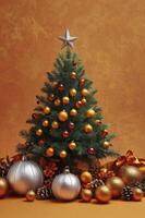 Decorated Christmas Tree with Ornaments and Star Against Warm Backdrop photo