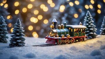 Toy Train in Winter Wonderland with Christmas Lights and Snow photo