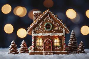 Festive Gingerbread House with Decorated Icing and Christmas Tree Cookies photo