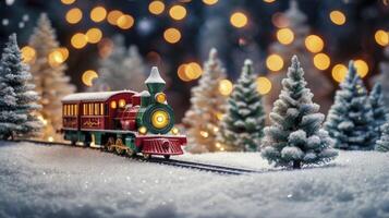 Toy Train in Snowy Christmas Forest with Bokeh Lights Background photo