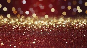 Sparkling Glitter Texture with Bokeh Lights Overlay on Deep Red Background photo
